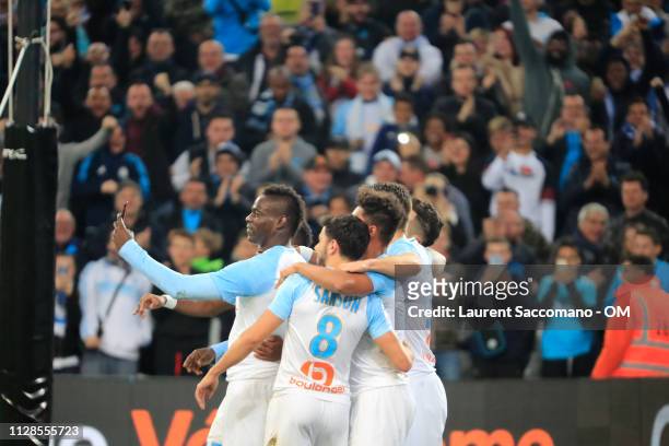 Mario Balotelli of Olympique de Marseillereacts after scoring during the Ligue 1 match between Olympique de Marseille and AS Saint-Etienne at Stade...