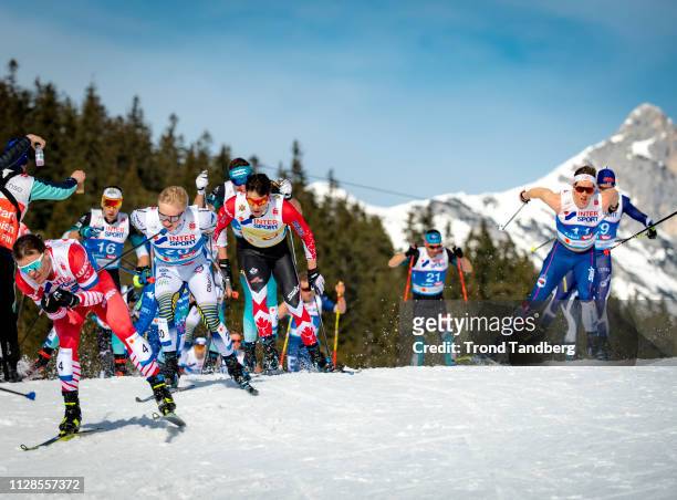 Andrey Melnichenko of Russia, Jens Burman of Sweden, Andrew Musgrave of GBR during FIS Nordic World Ski Championship Men 50 km Mass Start Free at...