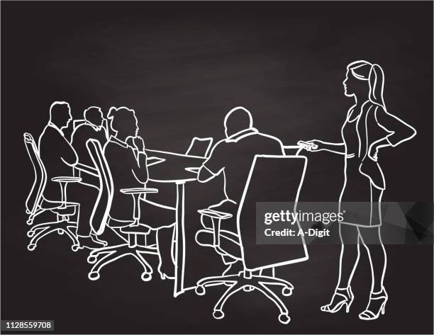 presenting the pitch business woman - chalkboard scribble vector stock illustrations
