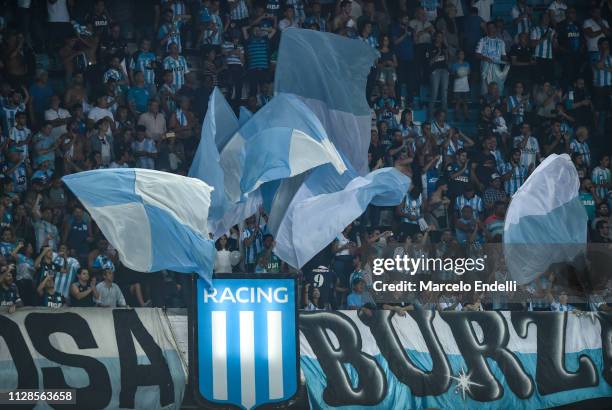 Fans of Racing Club cheer for their team during a match between Racing Club and Estudiantes as part of Superliga 2018/19 at Presidente Peron Stadium...