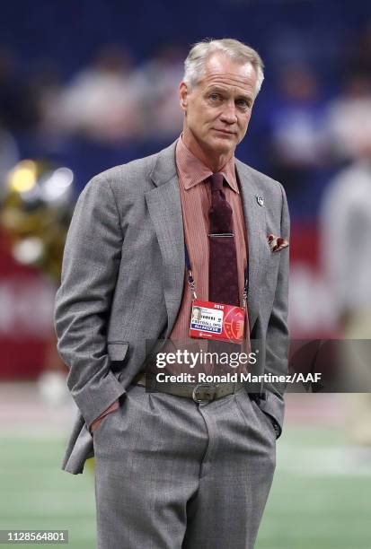 San Antonio Commanders General Manager Daryl Johnston stands on the field prior to an Alliance of American Football game between the San Diego Fleet...
