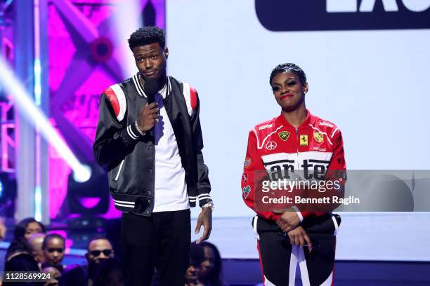 Young Fly and Jess Hilarious speak onstage during the 2019 BET Social Awards at Tyler Perry Studio on March 3, 2019 in Atlanta, Georgia.