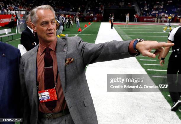 San Antonio Commanders General Manager Daryl Johnston gestures prior to an Alliance of American Football game between the San Diego Fleet and the San...