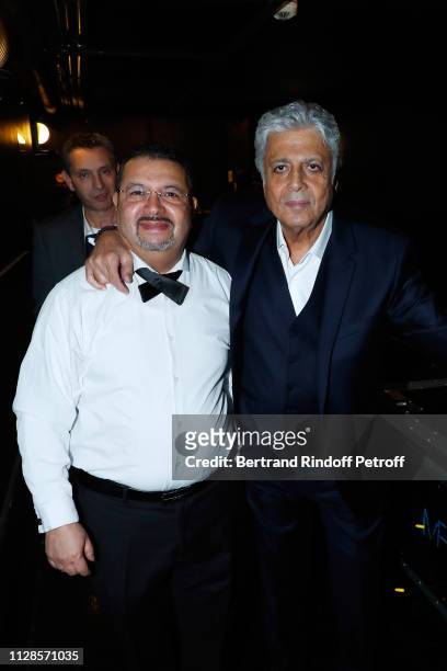 Kamel Labbaci and Enrico Macias attend Enrico Macias 80th Anniversary at L'Olympia on February 09, 2019 in Paris, France.