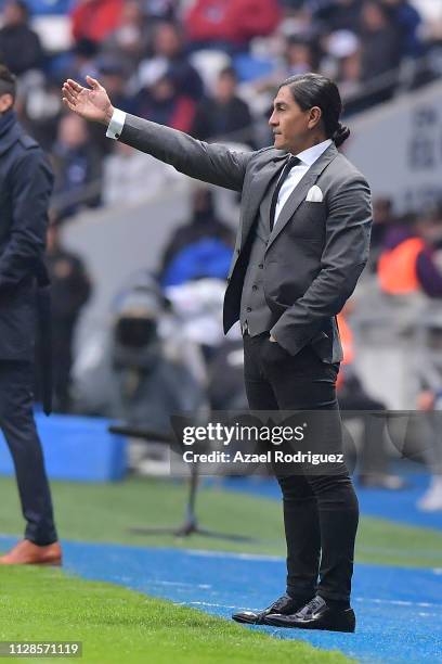 Francisco Palencia, coach of Lobos, gives instructions during the 6th round match between Monterrey and Lobos BUAP as part of the Torneo Clausura...