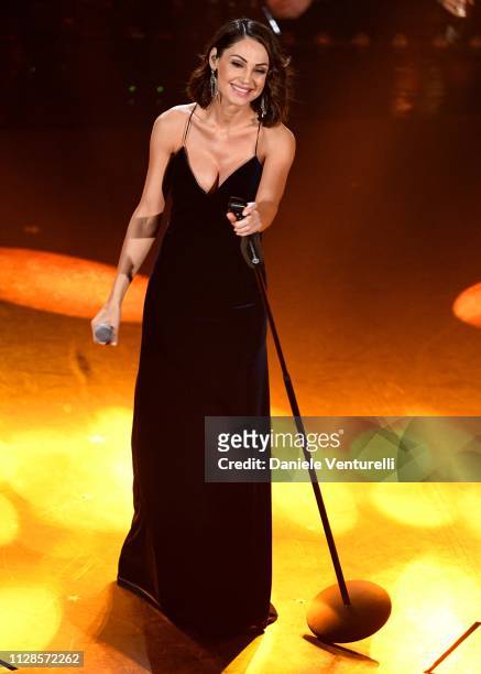 Anna Tatangelo on stage during the closing night of the 69th Sanremo Music Festival at Teatro Ariston on February 09, 2019 in Sanremo, Italy.