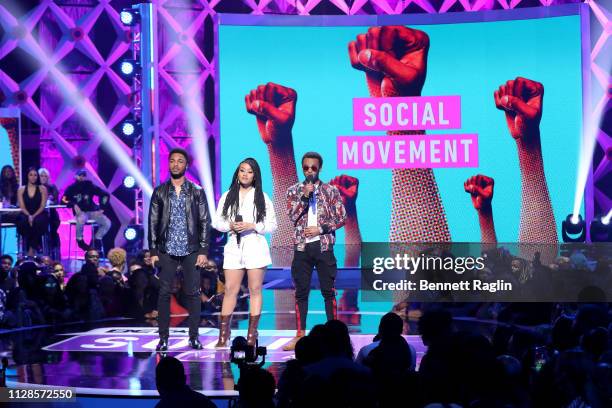 Christopher Jefferson, Katlyn Nichol, and Jelani Winston speak onstage during the 2019 BET Social Awards at Tyler Perry Studio on March 3, 2019 in...