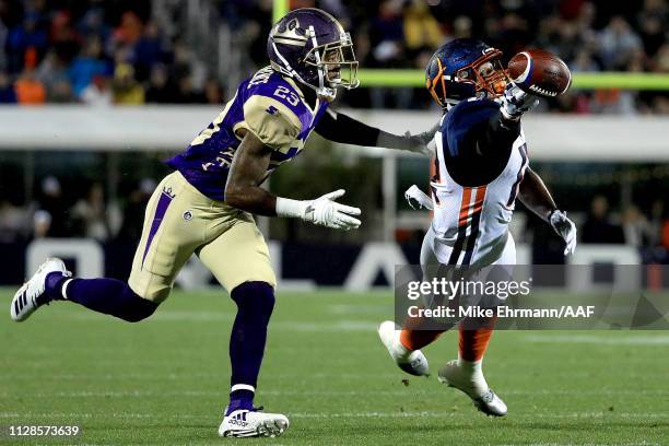 Charles Johnson of the Orlando Apollos misses a pass attempt against Desmond Lawrence of Atlanta Legends during the first quarter on February 09,...