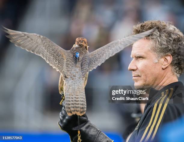 Los Angeles FC's owner Will Farrell with Olly prior to Los Angeles FC's MLS match against Sporting Kansas City at the Banc of California Stadium on...