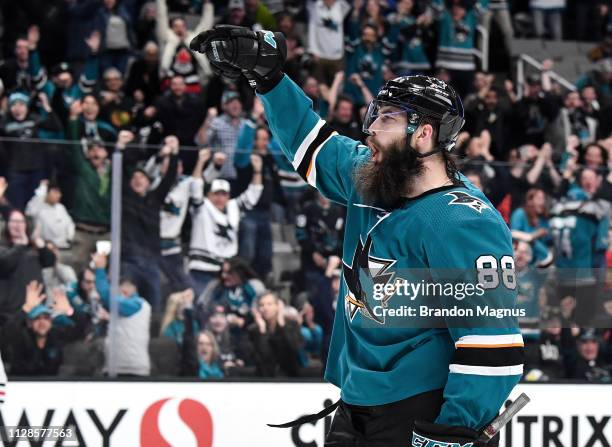 Brent Burns of the San Jose Sharks celebrates a goal against the Chicago Blackhawks at SAP Center on March 3, 2019 in San Jose, California