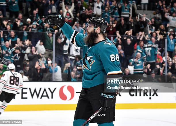 Brent Burns of the San Jose Sharks celebrates a goal against the Chicago Blackhawks at SAP Center on March 3, 2019 in San Jose, California