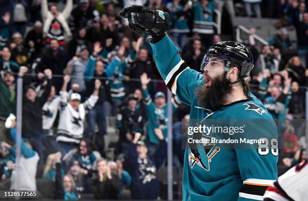 Brent Burns of the San Jose Sharks celebrates a goal against the Chicago Blackhawks at SAP Center on March 3, 2019 in San Jose, California