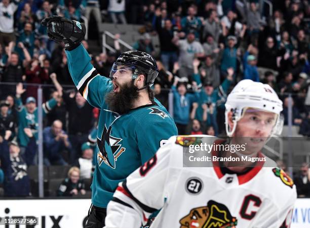 Brent Burns of the San Jose Sharks celebrates a goal against the Chicago Blackhawks at SAP Center on March 3, 2019 in San Jose, California