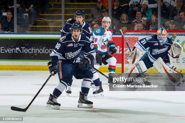 Jackson Caller of the Kamloops Blazers tries to block a shot on net against the Kelowna Rockets at Prospera Place on February 2, 2019 in Kelowna,...