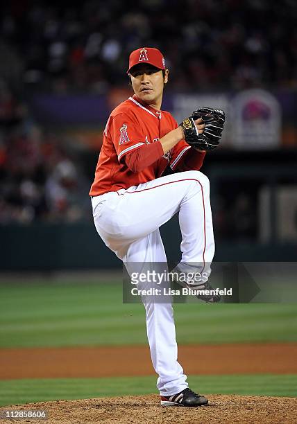 Hisanori Takahashi of the Los Angeles Angels of Anaheim pitches against the Toronto Blue Jays at Angel Stadium of Anaheim on April 9, 2011 in...