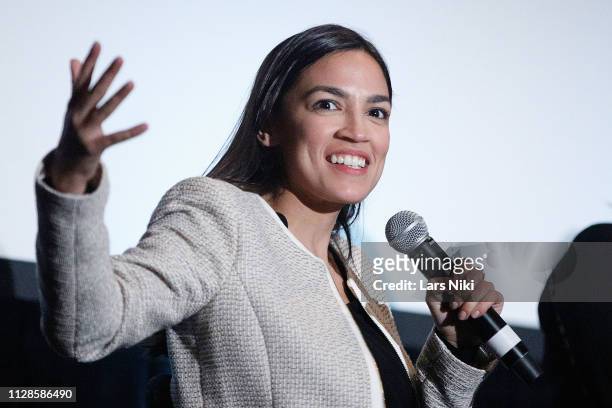 Representative Alexandria Ocasio-Cortez on stage during the 2019 Athena Film Festival closing night film, "Knock Down the House" at the Diana Center...