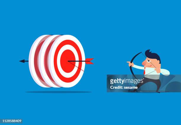 businessman hits three bulls eyes with one arrow - sales effort stock illustrations