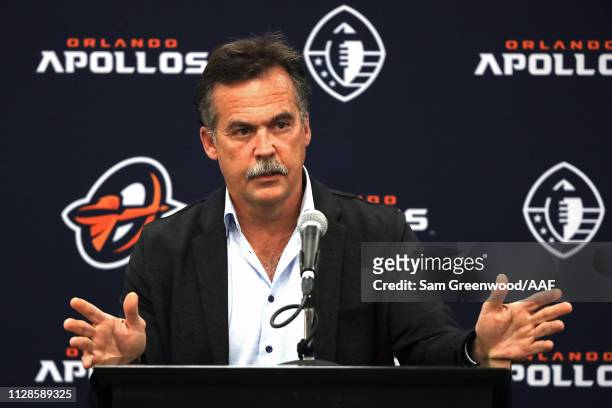Official and former NFL coach Jeff Fisher speaks with the media following the game between the Orlando Apollos and the Atlanta Legends on February...