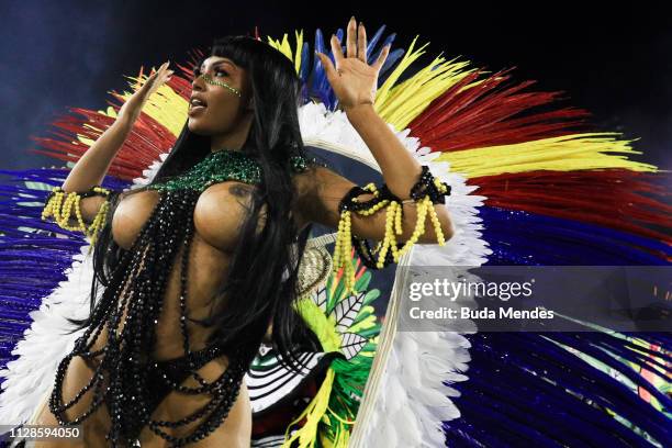 Member of Imperatriz Samba School performs during the parade at 2019 Brazilian Carnival at Sapucai Sambadrome on March 03, 2019 in Rio de Janeiro,...