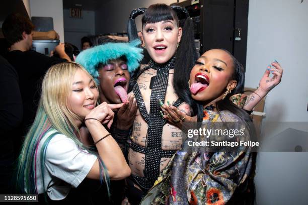 Designer Kaimin, Jonte Moaning, Brooke Candy and Maliibu Miitch backstage after KAIMIN Fall / Winter 2019 show on February 09, 2019 in New York City.