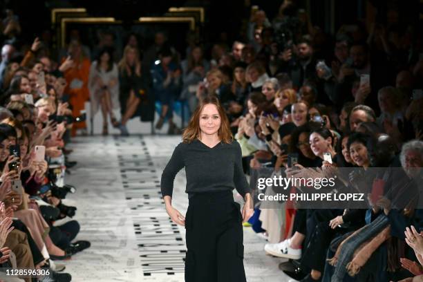 British fashion designer Stella McCartney acknowledges the audience at the end of the Stella McCartney Fall-Winter 2019/2020 Ready-to-Wear collection...