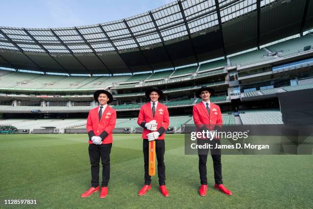 Bellboys from Cunard's Queen Elizabeth cruise ship visit the Melbourne Cricket Ground as they launch a new uniform designed by RM Williams and Akubra...