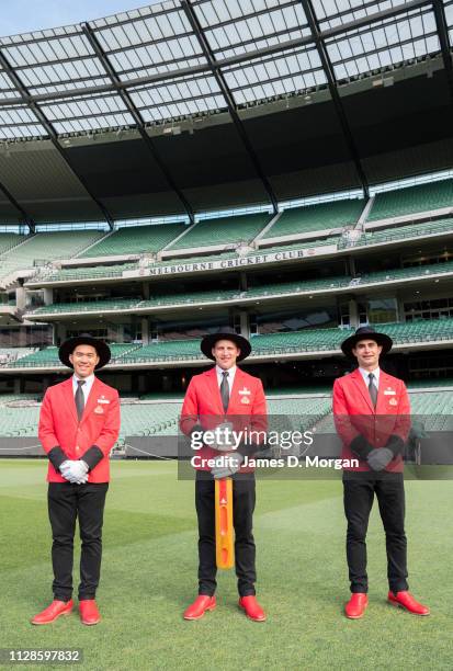 Bellboys from Cunard's Queen Elizabeth cruise ship visit the Melbourne Cricket Ground as they launch a new uniform designed by RM Williams and Akubra...