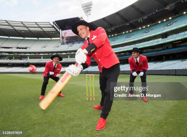 Bellboys from Cunard's Queen Elizabeth cruise ship visit the Melbourne Cricket Ground as they launch a new uniform designed by RM Williams and Akubra...