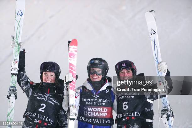Jaelin Kauf of the United States in second place, Perrine Laffont of France in first place and Tess Johnson of the United States in third place...