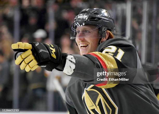 Cody Eakin of the Vegas Golden Knights celebrates after scoring a third-period goal against the Columbus Blue Jackets during their game at T-Mobile...