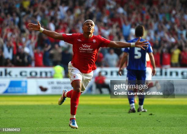 Robert Earnshaw of Nottingham Forest celebrates after scoring the 2-1 goal during the npower Championship match between Nottingham Forest and...