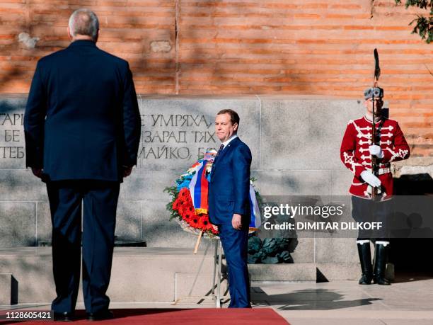 Bulgarian Prime Minister Boyko Borisov and his Russian counterpart Dmitry Medvedev attend a wreath laying ceremony at the Tomb of the Unknown soldier...