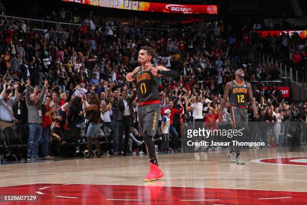 Trae Young of the Atlanta Hawks celebrates a shot during the game against the Chicago Bulls on March 1, 2019 at State Farm Arena in Atlanta, Georgia....