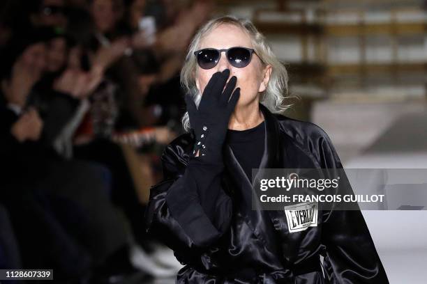 Fashion designer for Agnes b, Agnes Trouble acknowledges the audience at the end of her Women's Fall-Winter 2019/2020 Ready-to-Wear collection...