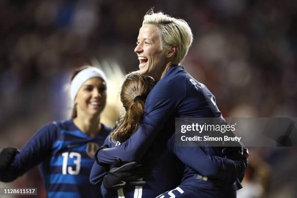 SheBelieves Cup: USA Megan Rapinoe victorious with teammate during game vs Japan during Group Stage match at Talen Energy Stadium. Chester, PA...