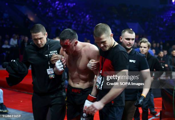 Leah Alexandru seen injured after a hard competition with a bloody face during the WWFC 14 Match in Kiev, Ukraine.