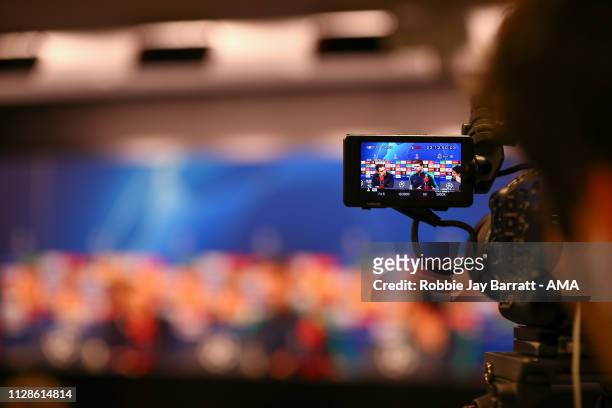 Television camera films Mauricio Pochettino the head coach / manager of Tottenham Hotspur during the Tottenham Hotspur Press Conference and Training...