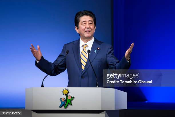 Japanese Prime Minister and Liberal Democratic Party President Shinzo Abe delivers a speech at the party's annual convention on February 10, 2019 in...