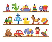 Toys on shelves. Cartoon toy on baby shopping wooden shelf. Dinosaur robot car doll isolated vector