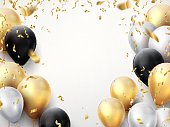 Celebration banner. Happy birthday party background with golden ribbons, confetti and balloons. Realistic anniversary poster