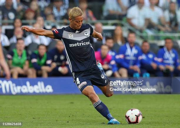 Keisuke Honda of the Victory shoots during the round 18 A-League match between the Melbourne Victory and the Perth Glory at AAMI Park on February 10,...