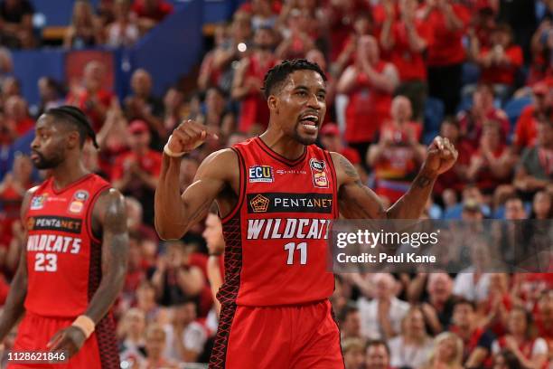 Bryce Cotton of the Wildcats celebrates after a 3 point shot during the round 17 NBL match between the Perth Wildcats and the Sydney Kings at RAC...