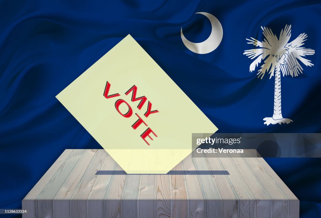Voting ballot and box with national flag as background - SOUTH CAROLINA, USA