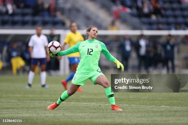 SheBelieves Cup: Brazil goalie Aline Villares Reis in action vs England during Group Stage match at Talen Energy Stadium. Chester, PA 2/27/2019...