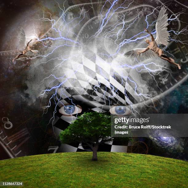 3d rendering. mask with checkered pattern. angels in the sky. green tree. - unknown number stock illustrations