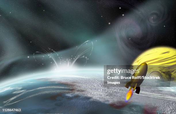 surreal painting. rocket on orbit of unknown planet. - space exploration stock illustrations