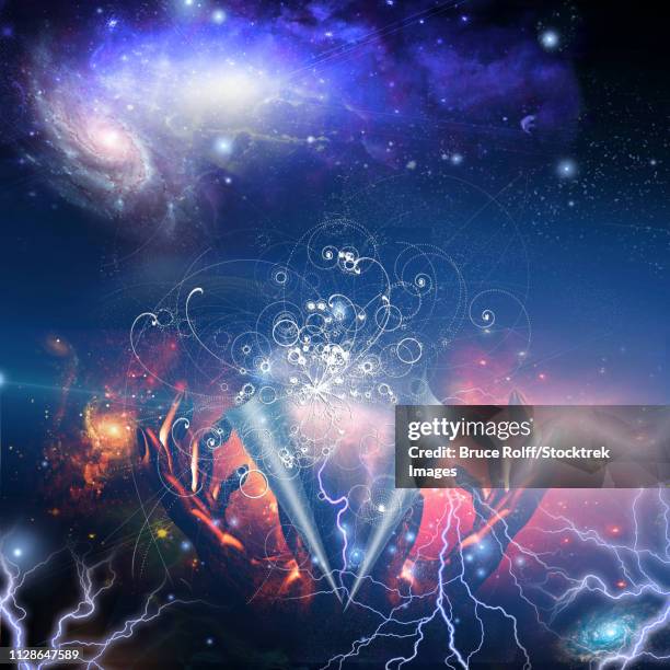 god peels back the ether and particle physics - bruce stock illustrations