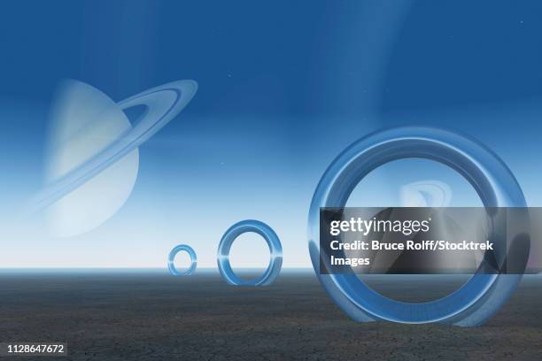 planets with planetary belts. shining rings on the planet surface. 3d rendering - desert cracks stock illustrations