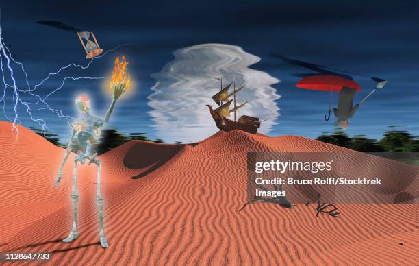 surreal desert with ancient ship on a sand dune. gleaming robot with flame in his hand. lightning in the sky. businessman in red umbrella. - weird performance art stock illustrations