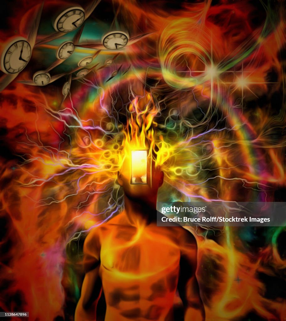 Surreal painting. Naked man with open door instead of face, burning head. Winged clocks symbolizes flow of time.